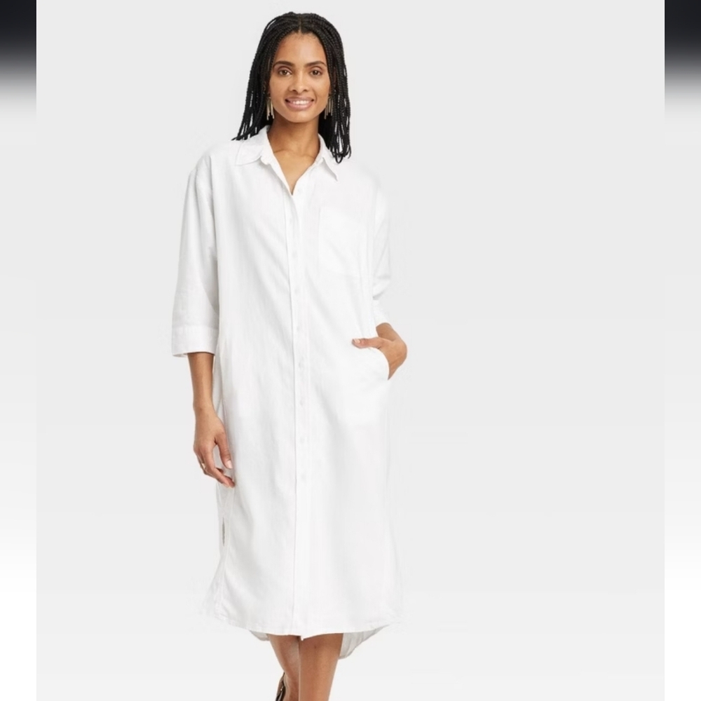NEW! Women's Cotton 3/4 Sleeve Midi Shirtdress Universal Thread White M